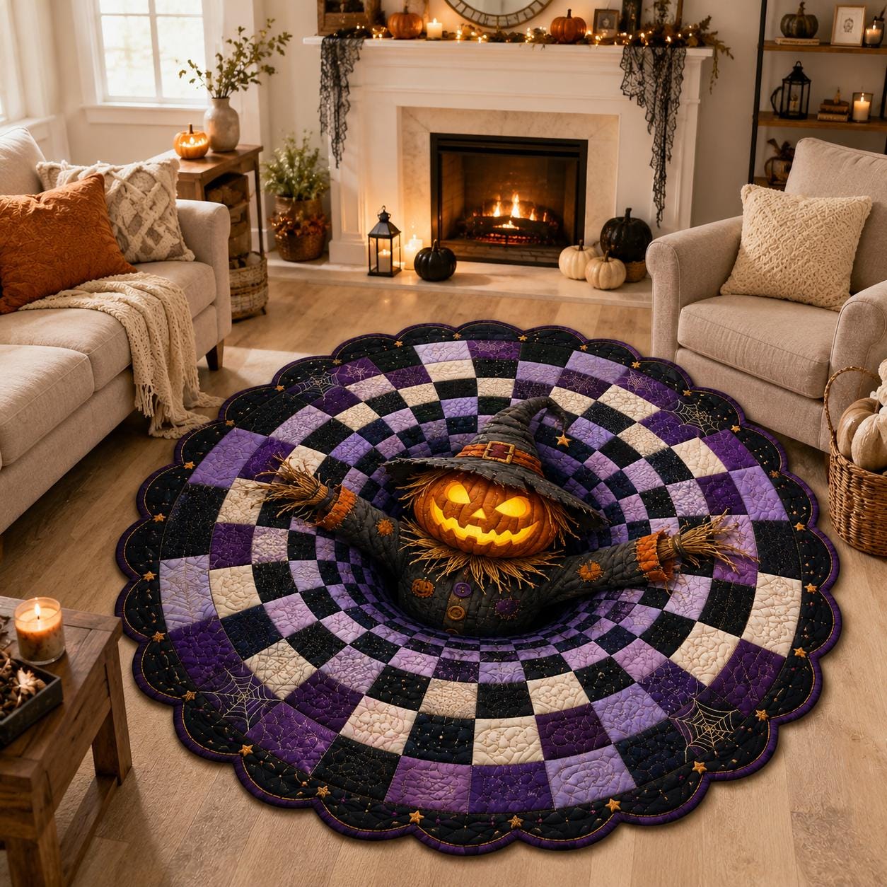 3D Pumpkin Scarecrow Halloween Rug, HG Round Spooky Area Rug, Purple Black Optical Illusion Floor Mat, Haunted House Decor - Image 2
