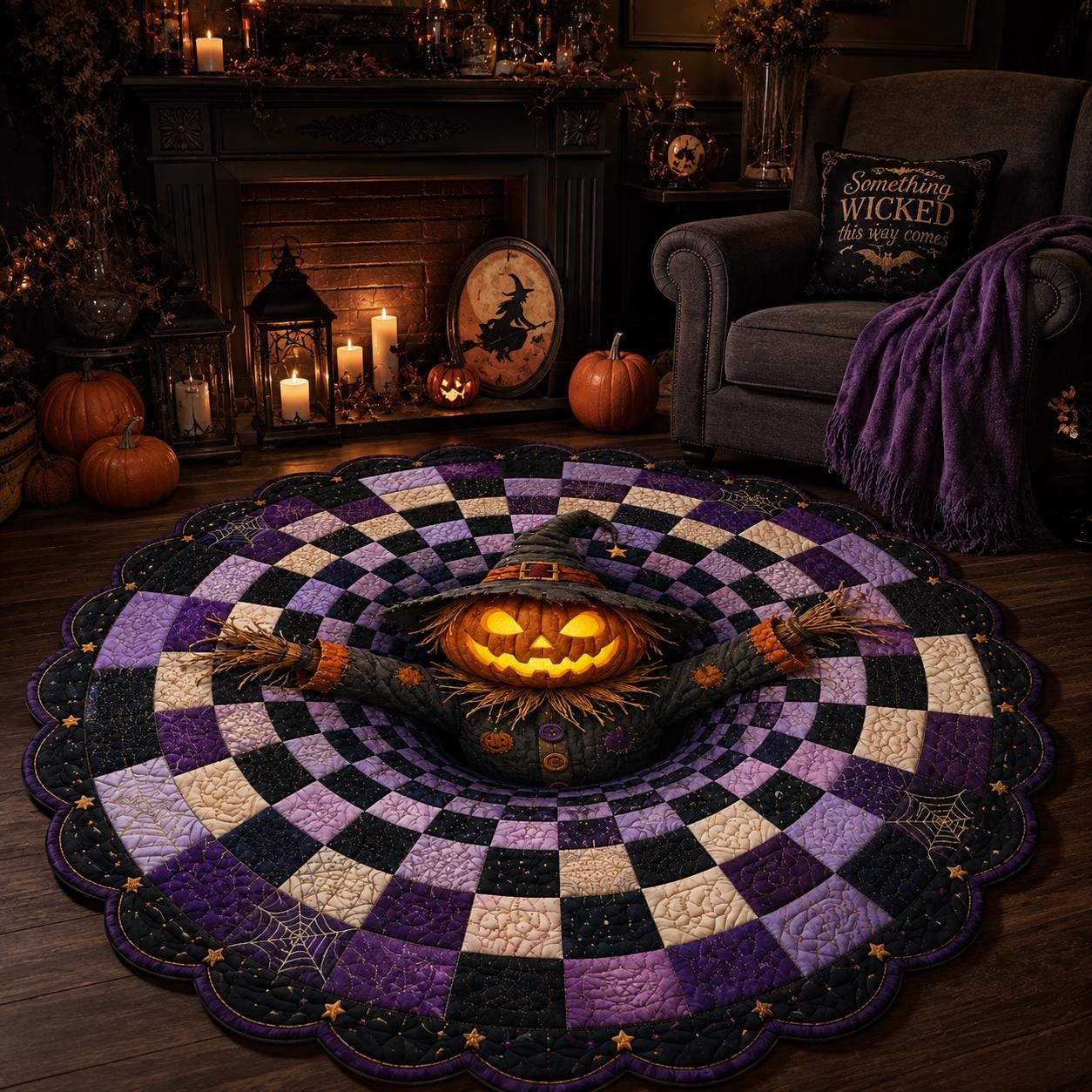 3D Pumpkin Scarecrow Halloween Rug, HG Round Spooky Area Rug, Purple Black Optical Illusion Floor Mat, Haunted House Decor - Image 5