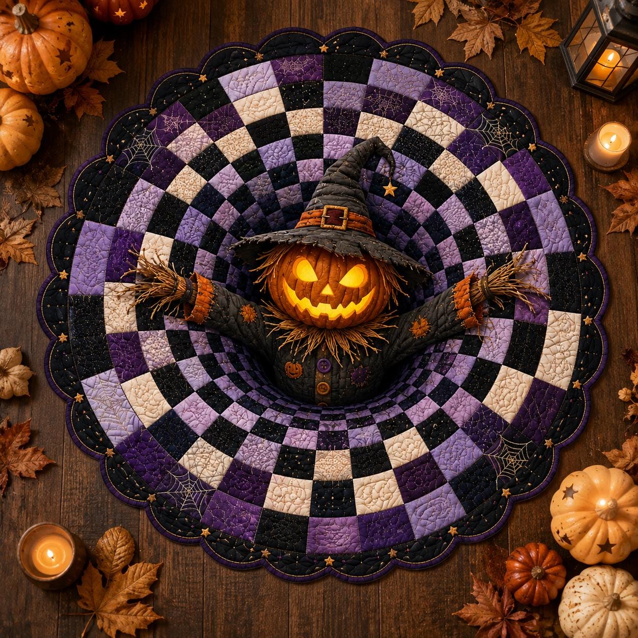 3D Pumpkin Scarecrow Halloween Rug, HG Round Spooky Area Rug, Purple Black Optical Illusion Floor Mat, Haunted House Decor - Image 6