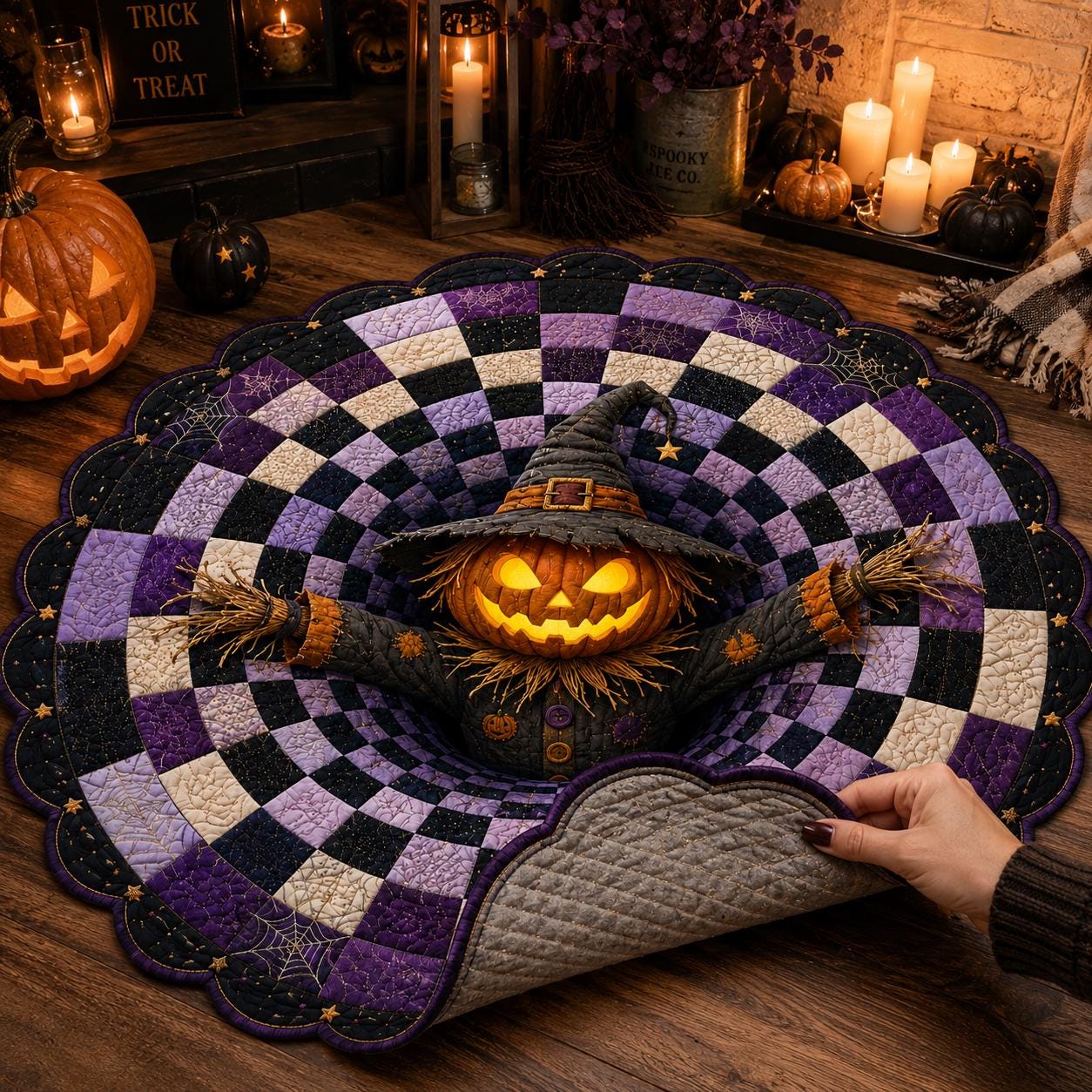 3D Pumpkin Scarecrow Halloween Rug, HG Round Spooky Area Rug, Purple Black Optical Illusion Floor Mat, Haunted House Decor - Image 3