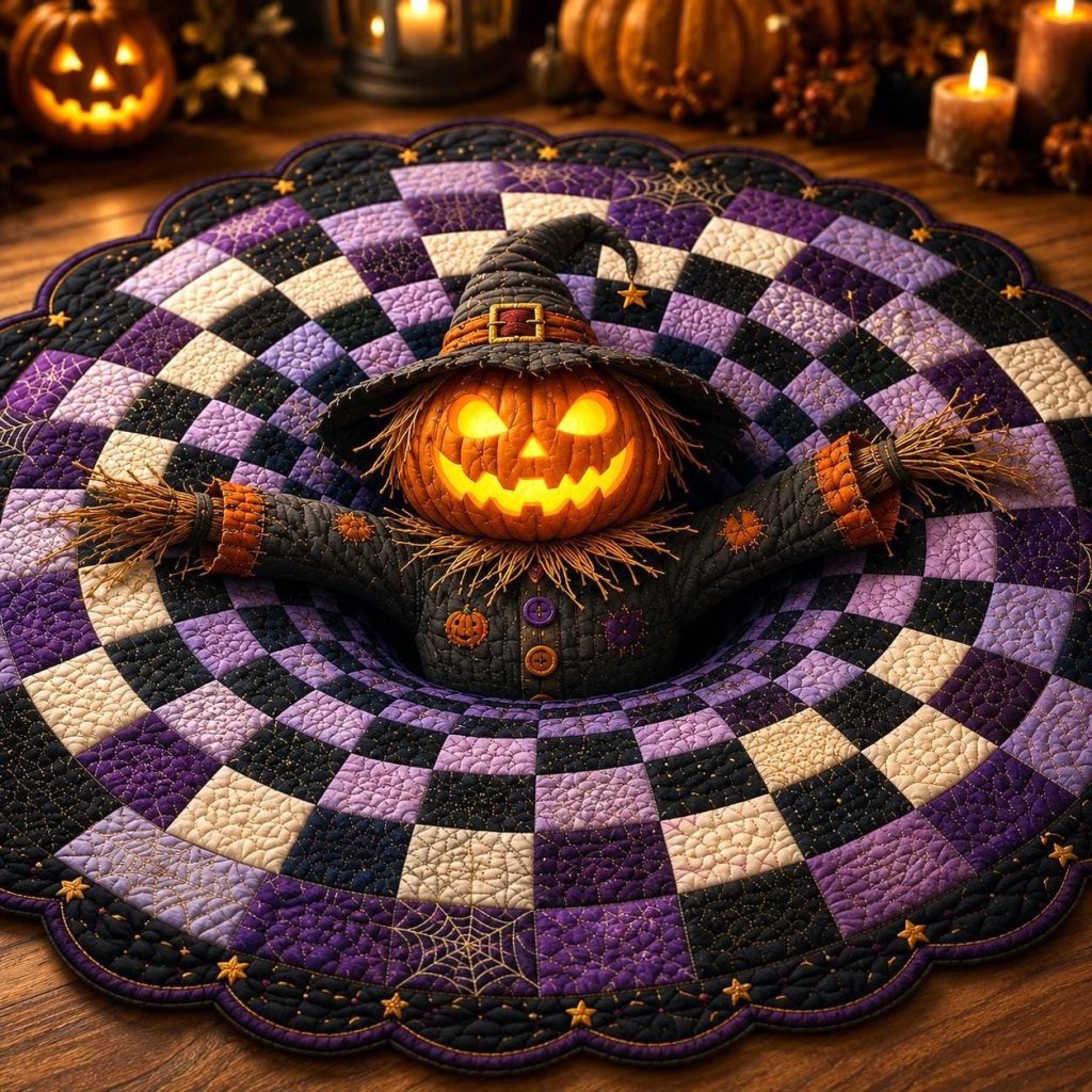 3D Pumpkin Scarecrow Halloween Rug, HG Round Spooky Area Rug, Purple Black Optical Illusion Floor Mat, Haunted House Decor