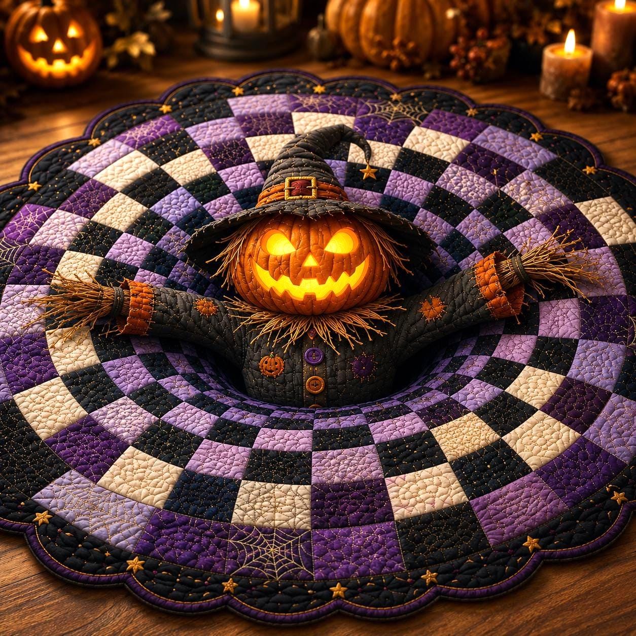 3D Pumpkin Scarecrow Halloween Rug, HG Round Spooky Area Rug, Purple Black Optical Illusion Floor Mat, Haunted House Decor