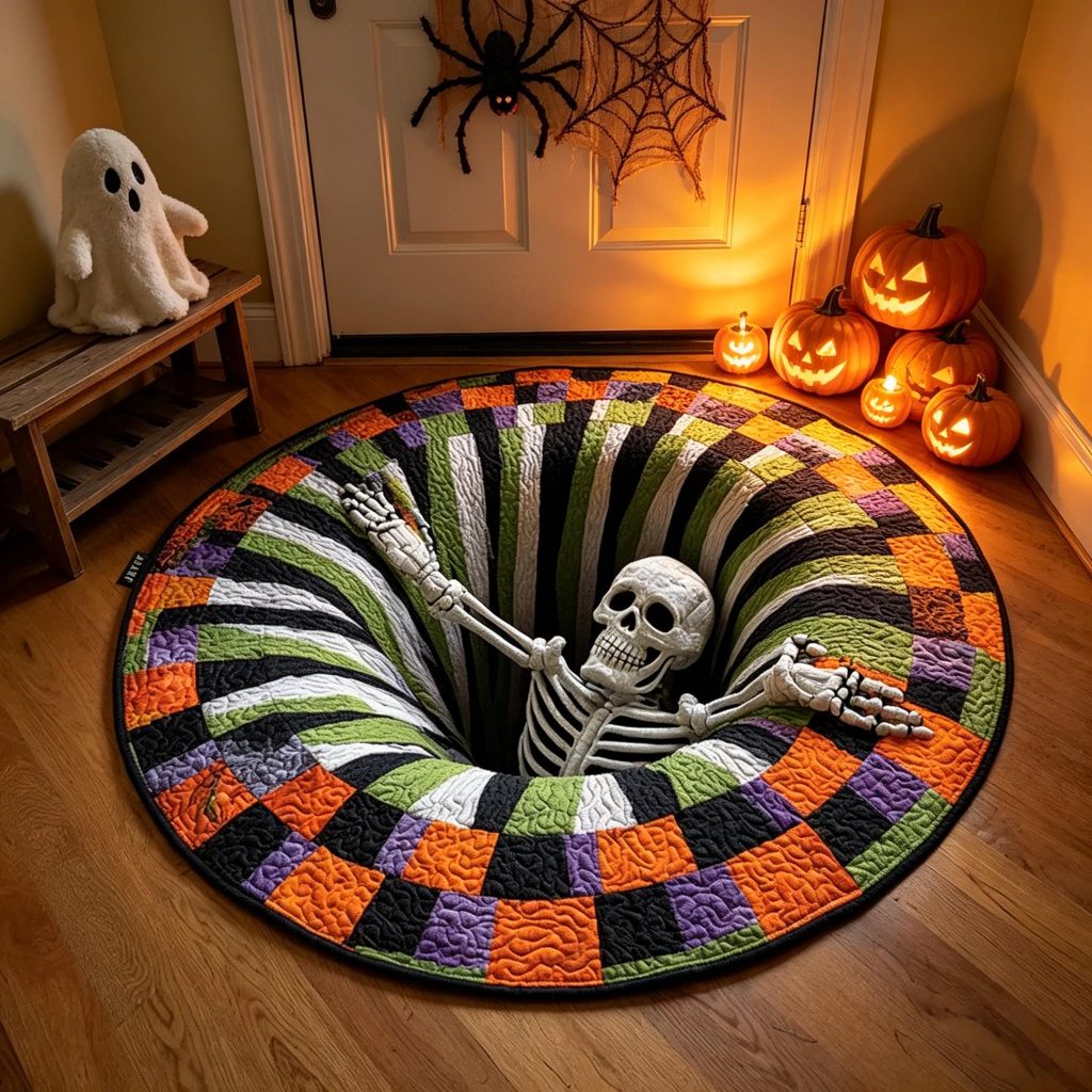 3D Spooky Vortex Skeleton Round Rug, HG Halloween Optical Illusion Floor Mat, Non‑Slip Carpet, Entryway Living Room Decor, Gothic Holiday Gift