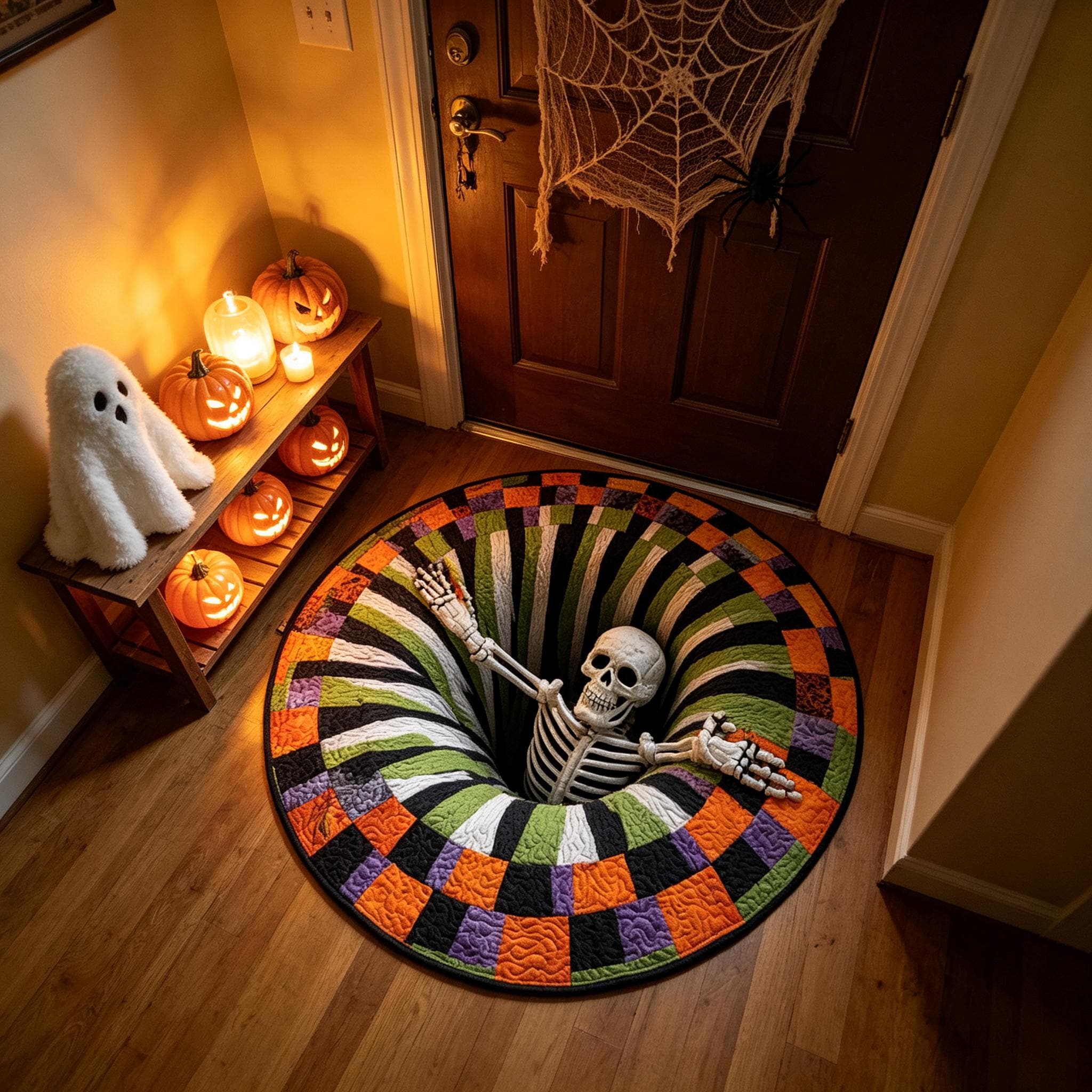 3D Spooky Vortex Skeleton Round Rug, HG Halloween Optical Illusion Floor Mat, Non‑Slip Carpet, Entryway Living Room Decor, Gothic Holiday Gift - Image 5