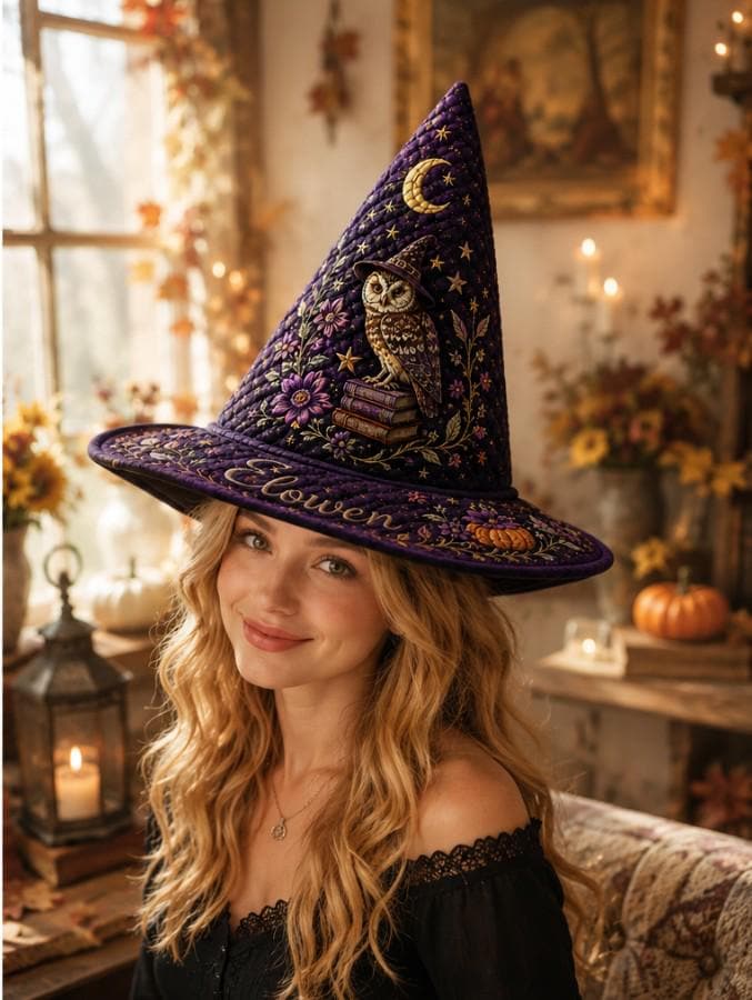 Personalized Witch Hat HG  Quilt, Custom Halloween Witch Hat HG , Owl Moon Stars Floral Witchy Decor, Spooky Fall Gift for Her