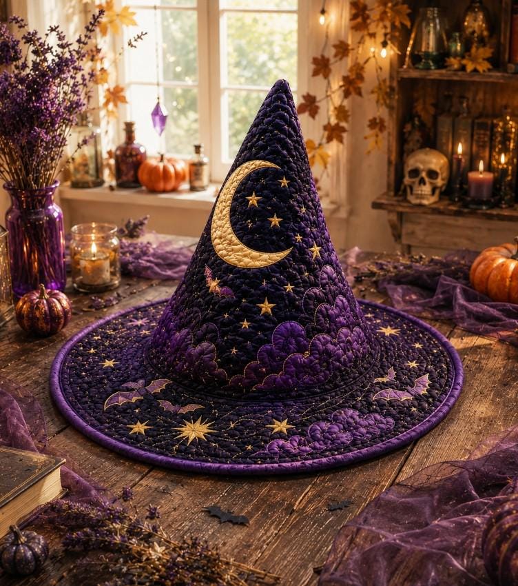 Purple Moon Witch Hat HG , Halloween Quilted Hat, Celestial Witch Costume, Starry Bat Hat, Gothic Halloween Party Hat, Spooky Witch Decor - Image 2
