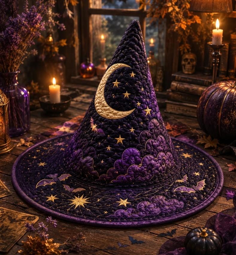 Purple Moon Witch Hat HG , Halloween Quilted Hat, Celestial Witch Costume, Starry Bat Hat, Gothic Halloween Party Hat, Spooky Witch Decor - Image 3
