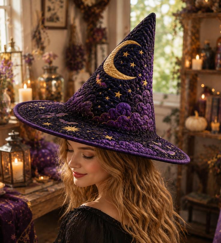 Purple Moon Witch Hat HG , Halloween Quilted Hat, Celestial Witch Costume, Starry Bat Hat, Gothic Halloween Party Hat, Spooky Witch Decor