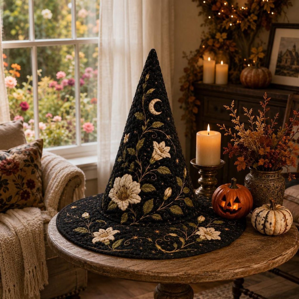 Black Floral Quilted Witch Hat HG HG , Celestial Moon Halloween Costume, Gothic Cottagecore Wizard Accessory