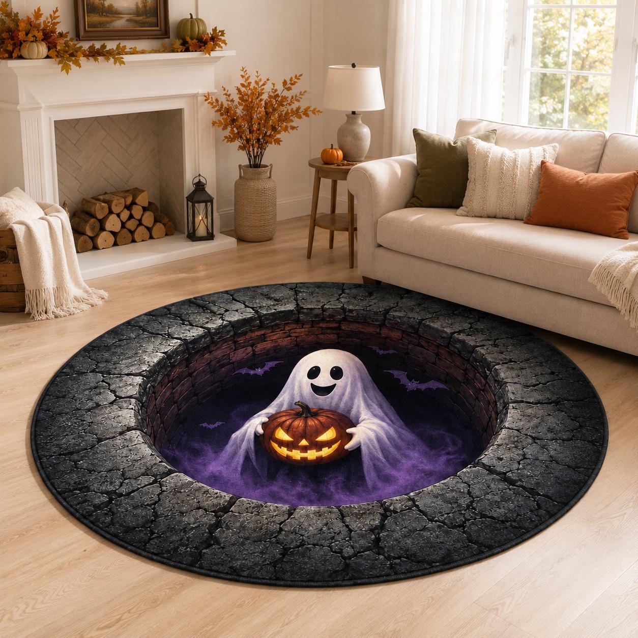 3D Ghost Halloween Rug, HG Round Jack O Lantern Area Rug, Spooky Optical Illusion Floor Mat, Haunted House Decor