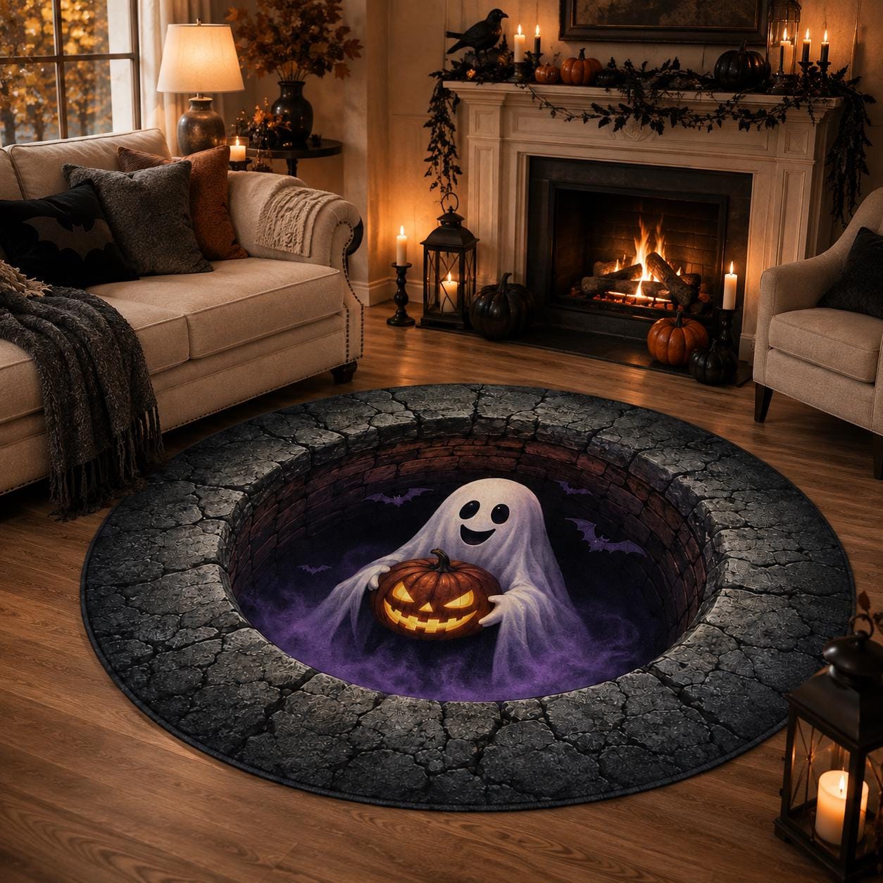 3D Ghost Halloween Rug, HG Round Jack O Lantern Area Rug, Spooky Optical Illusion Floor Mat, Haunted House Decor - Image 2