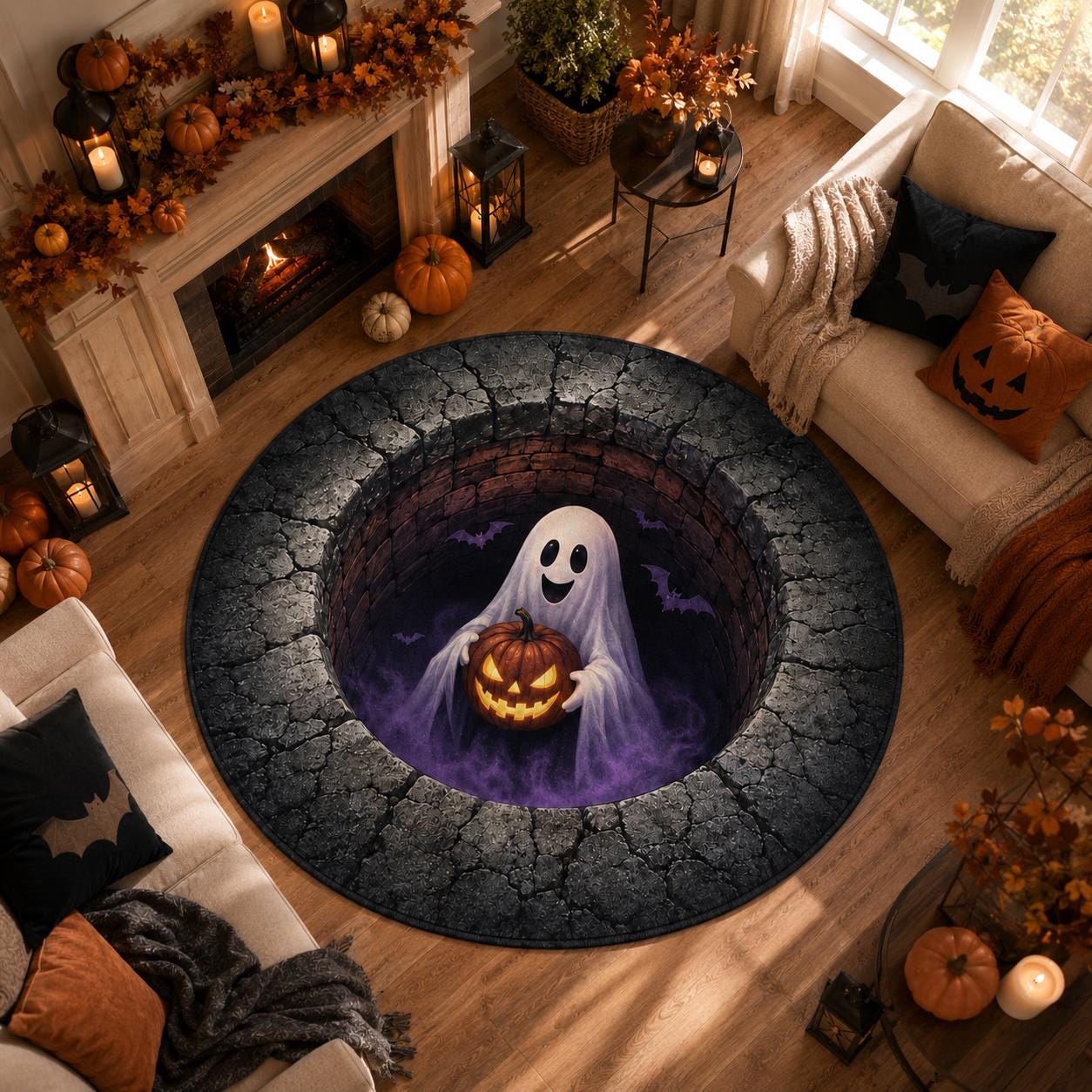 3D Ghost Halloween Rug, HG Round Jack O Lantern Area Rug, Spooky Optical Illusion Floor Mat, Haunted House Decor - Image 5