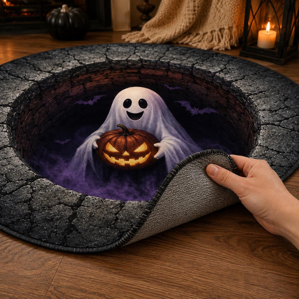 3D Ghost Halloween Rug, HG Round Jack O Lantern Area Rug, Spooky Optical Illusion Floor Mat, Haunted House Decor - Image 3