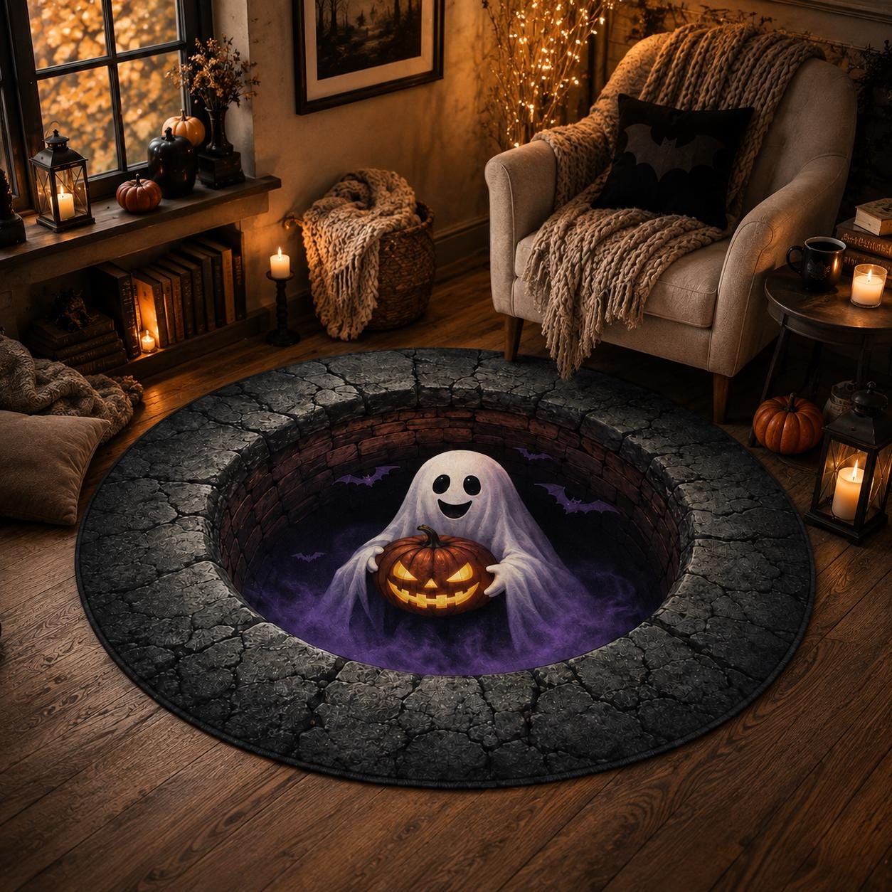 3D Ghost Halloween Rug, HG Round Jack O Lantern Area Rug, Spooky Optical Illusion Floor Mat, Haunted House Decor - Image 7