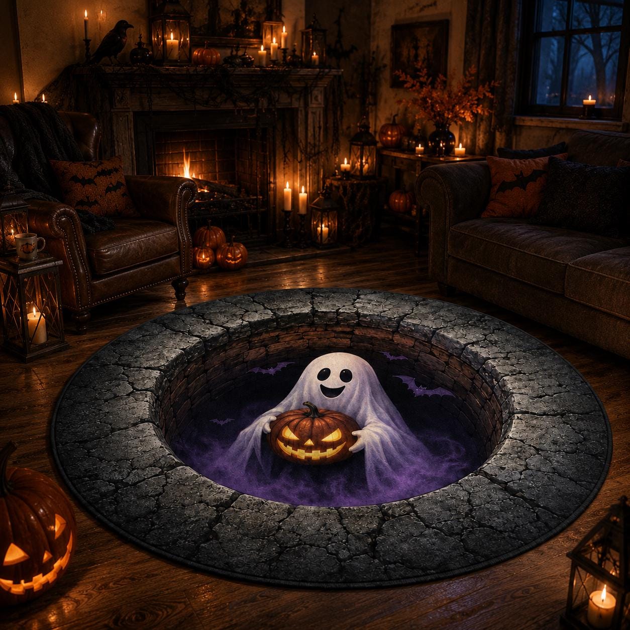 3D Ghost Halloween Rug, HG Round Jack O Lantern Area Rug, Spooky Optical Illusion Floor Mat, Haunted House Decor - Image 4