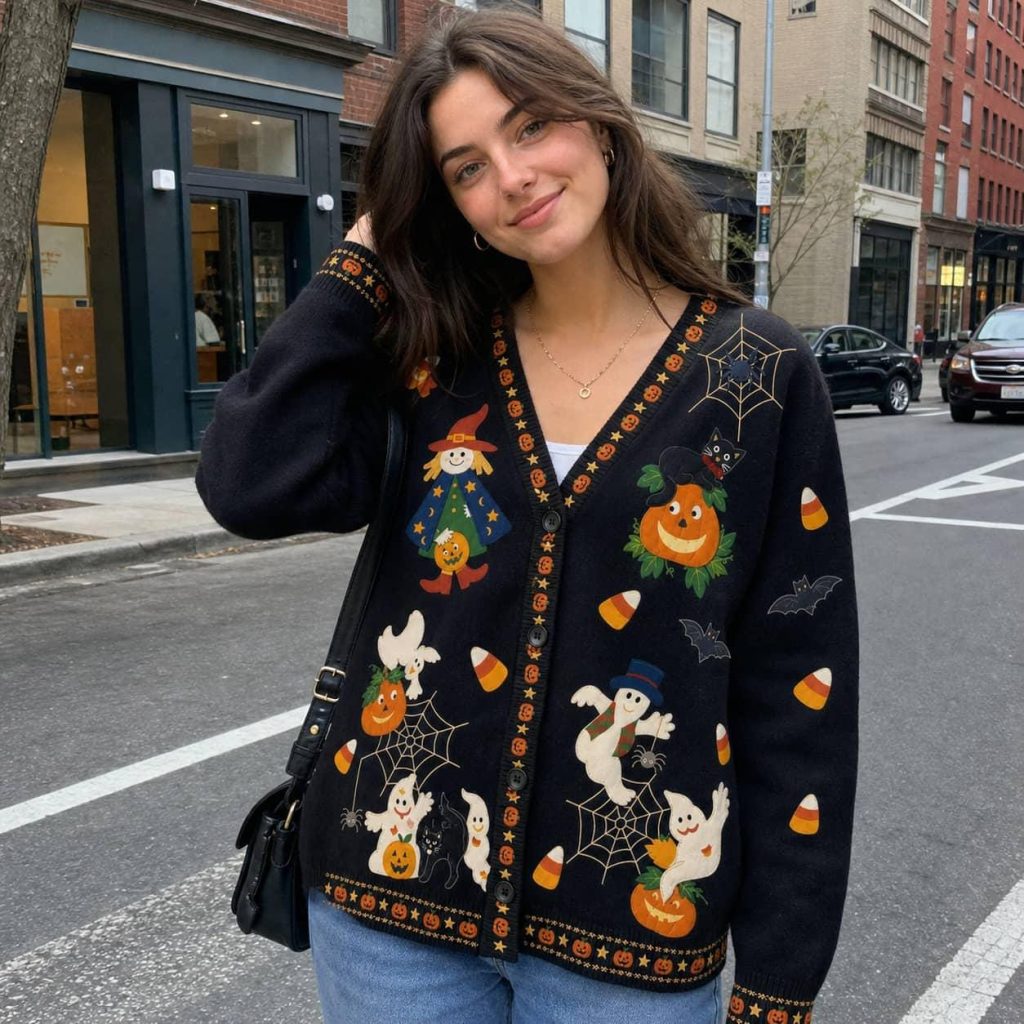 All-Over Print Knitted Cardigan HG , Black Halloween Ghost Pumpkin Button-Front Sweater