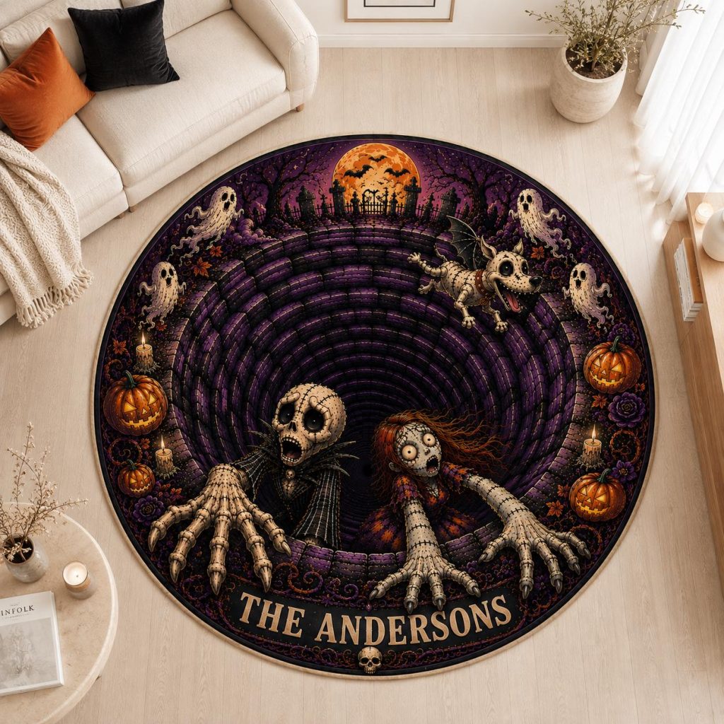Personalized Halloween 3D Illusion Skeleton Rug, Custom Name Velvet Floormat HG