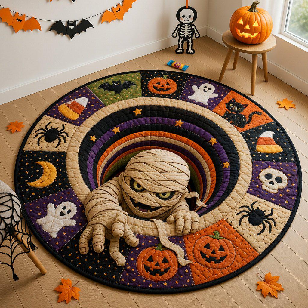 Mummy Halloween Round Rug, HG Spooky 3D Optical Illusion Rug, Pumpkin Ghost Quilted Floor Mat, Witchy Gothic Room Decor, Fall Spooky Gift - Image 2