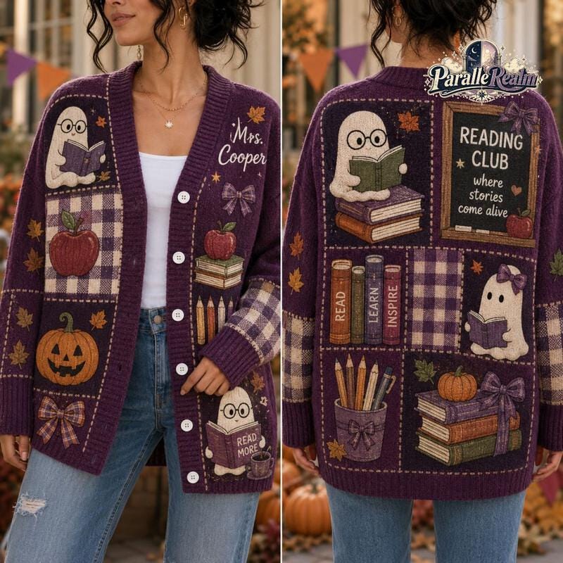 Personalized Ghost Reading Book Teacher Halloween Cardigan HG , Custom Name Educator Sweater, Halloween School Cardigan HG , Book Teacher Gift