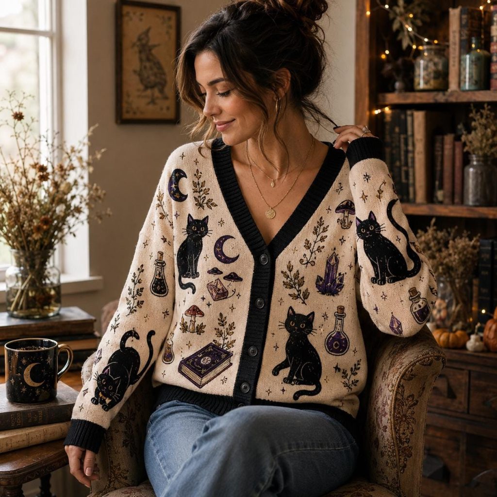 Witch Club Halloween Cardigan HG , Black Cat Knit Sweater, Spooky Season Button Up Cardigan HG , Cozy Witchy Fall Cardigan HG Gift for Women