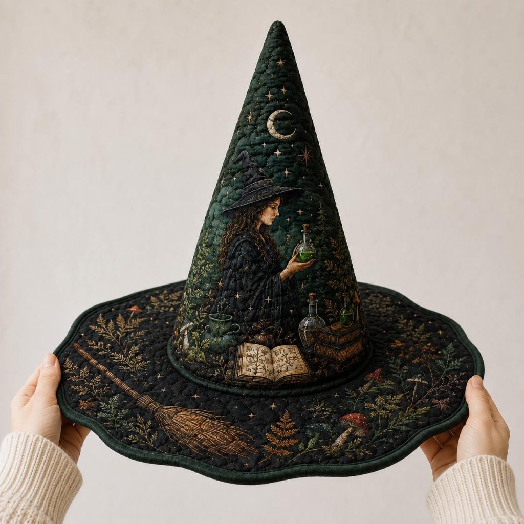 Quilted Potion Book Gothic Witch Hat HG Halloween Decor, Cottagecore Centerpiece, Wizard Costume Gift