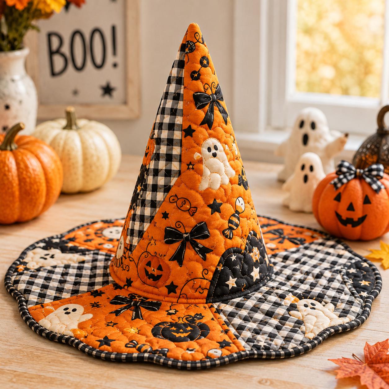 Quilted Witch Hat HG HG Halloween Decor, Ghost Pumpkin Gingham Spooky Accessory - Image 3