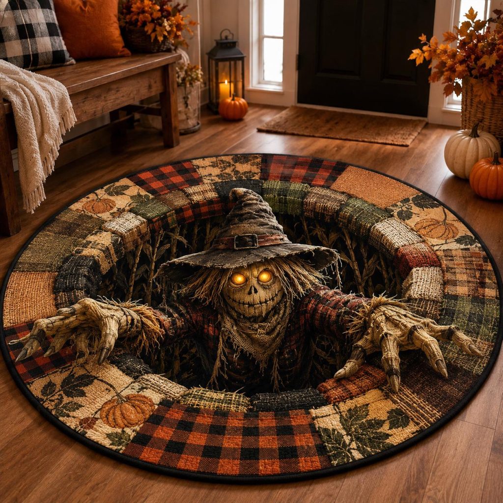 Scarecrow 3D Round Rug, HG Halloween Floor Mat, Farmhouse Fall Decor, Gift for Horror Lovers, Spooky Harvest Entryway Rug