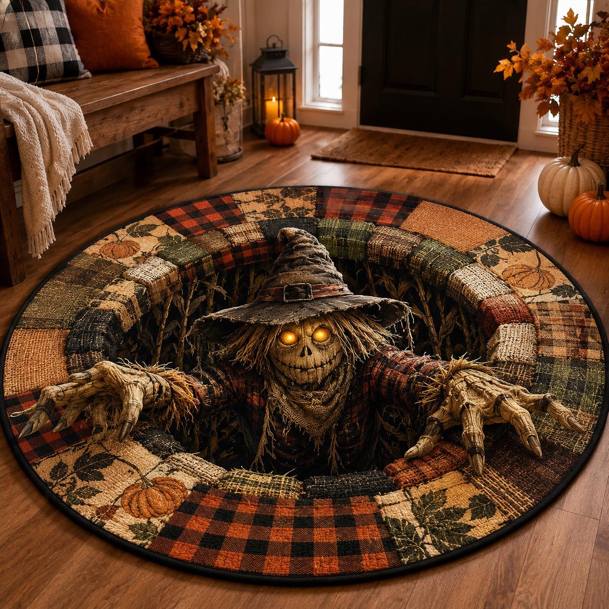 Scarecrow 3D Round Rug, HG Halloween Floor Mat, Farmhouse Fall Decor, Gift for Horror Lovers, Spooky Harvest Entryway Rug