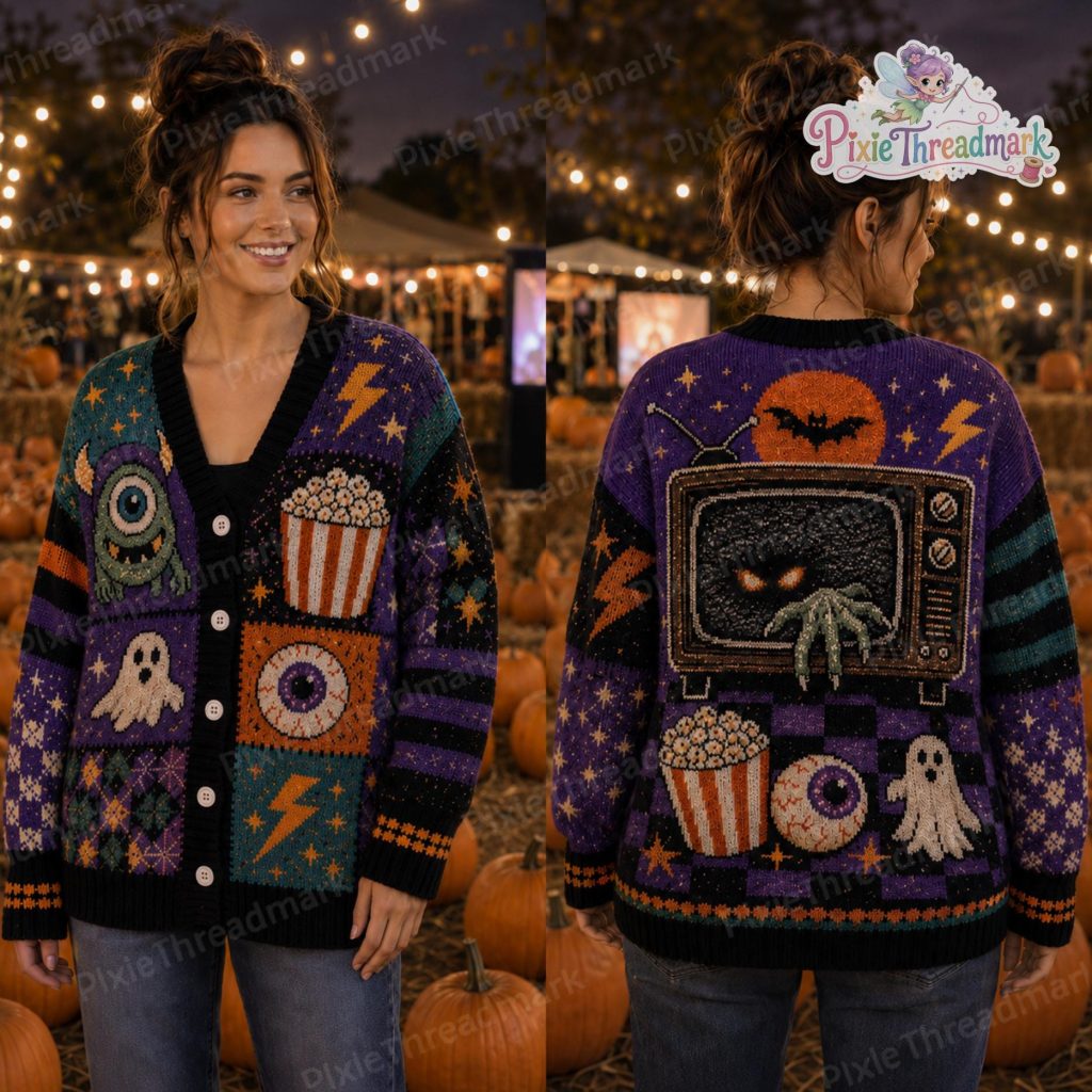 Retro Horror Halloween Knit Cardigan, HG Monster Movie TV Sweater, Ghost Popcorn Fall Cardigan, Spooky Movie Sweater, Halloween Horror Gift