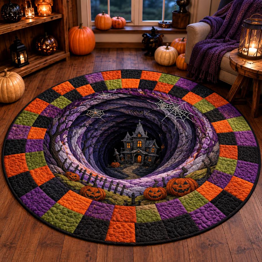 3D Illusion Halloween Round Rug, HG Haunted House Vortex Floor Mat, Pumpkin Gothic Area Rug, Spooky Halloween Home Decor