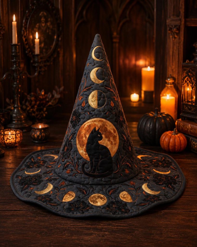 Quilted Halloween Witch Hat HG , Black Cat Witch Hat HG , Fall Costume Accessory, Spooky Party Hat, Autumn Halloween Costume, Witch Gift for Women