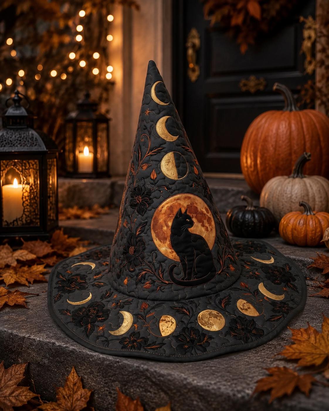 Quilted Halloween Witch Hat HG , Black Cat Witch Hat HG , Fall Costume Accessory, Spooky Party Hat, Autumn Halloween Costume, Witch Gift for Women - Image 3