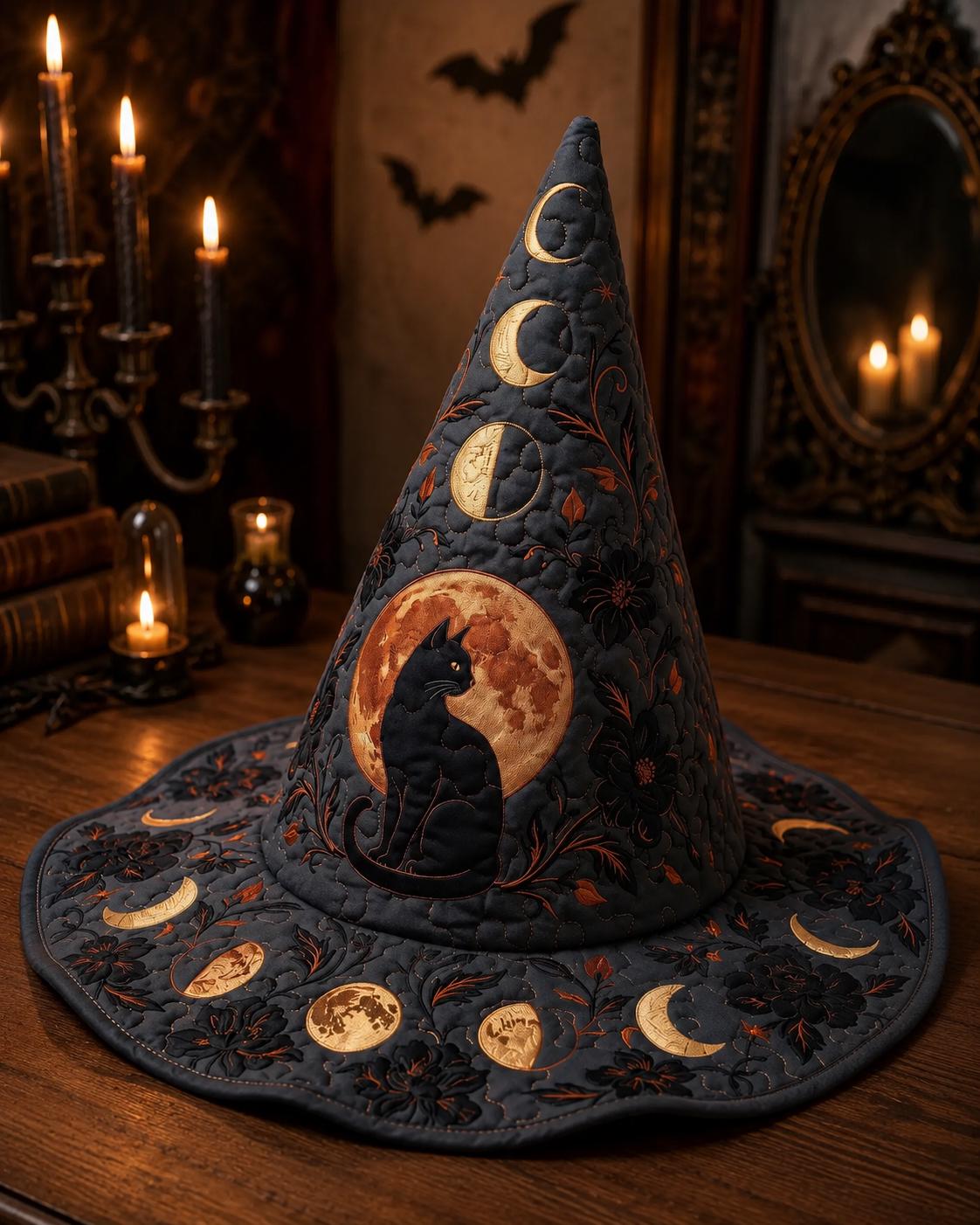 Quilted Halloween Witch Hat HG , Black Cat Witch Hat HG , Fall Costume Accessory, Spooky Party Hat, Autumn Halloween Costume, Witch Gift for Women - Image 4