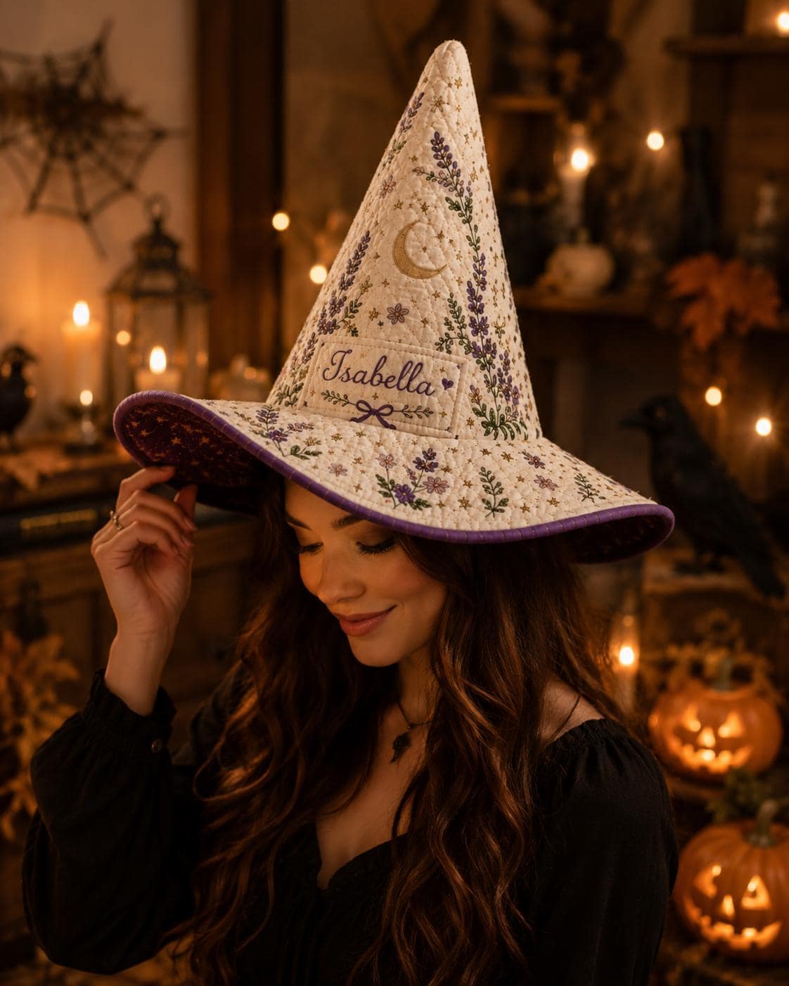 Personalized Halloween Witch Hat HG , Custom Name Quilted Witch Hat HG HG , Fall Costume Accessory, Autumn Spooky Party Hat, Witch Gift for Women - Image 5