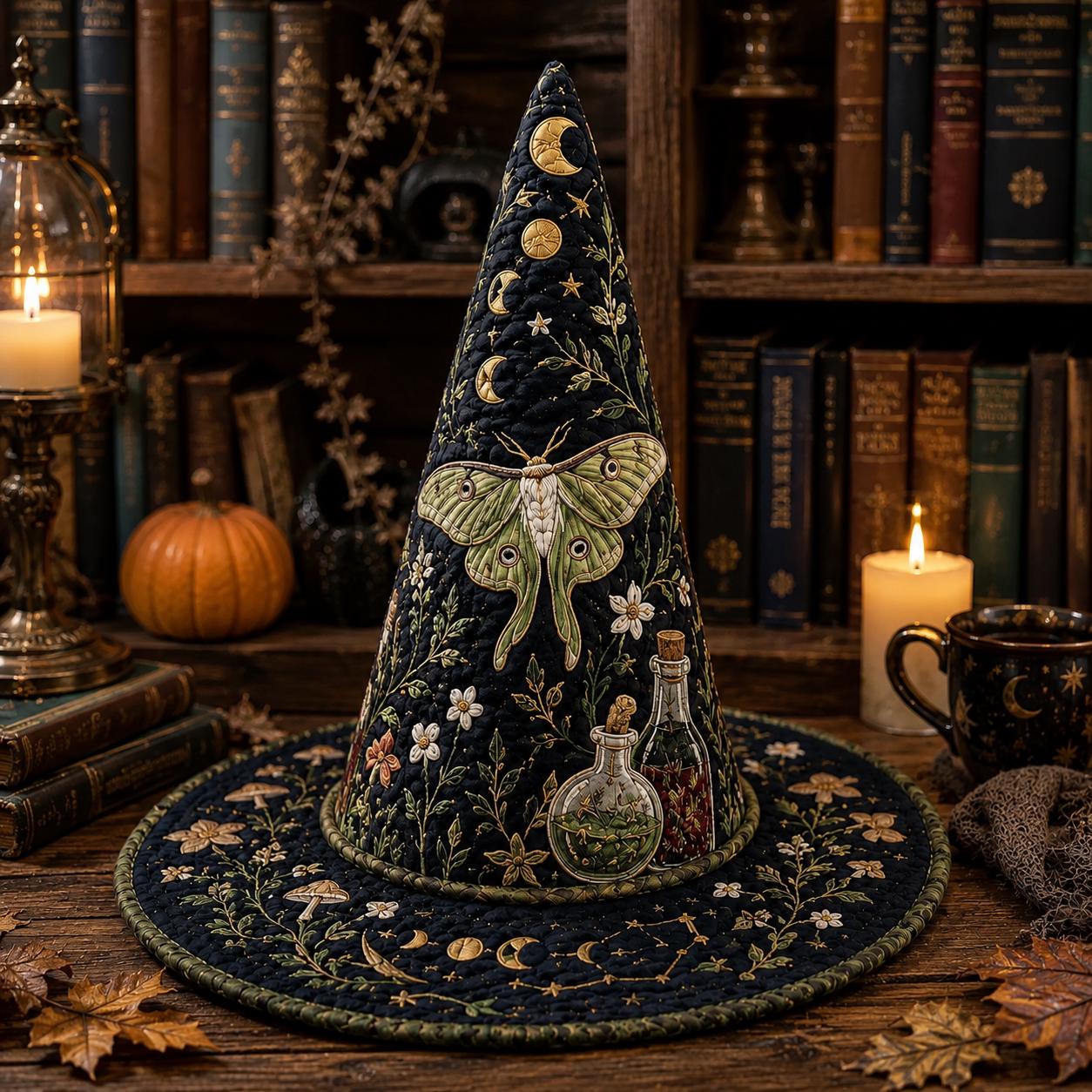 Quilted Botanical Moth Witch Hat HG , Moon Phase Halloween Hat, Gothic Witchy Fall Gift HG - Image 3
