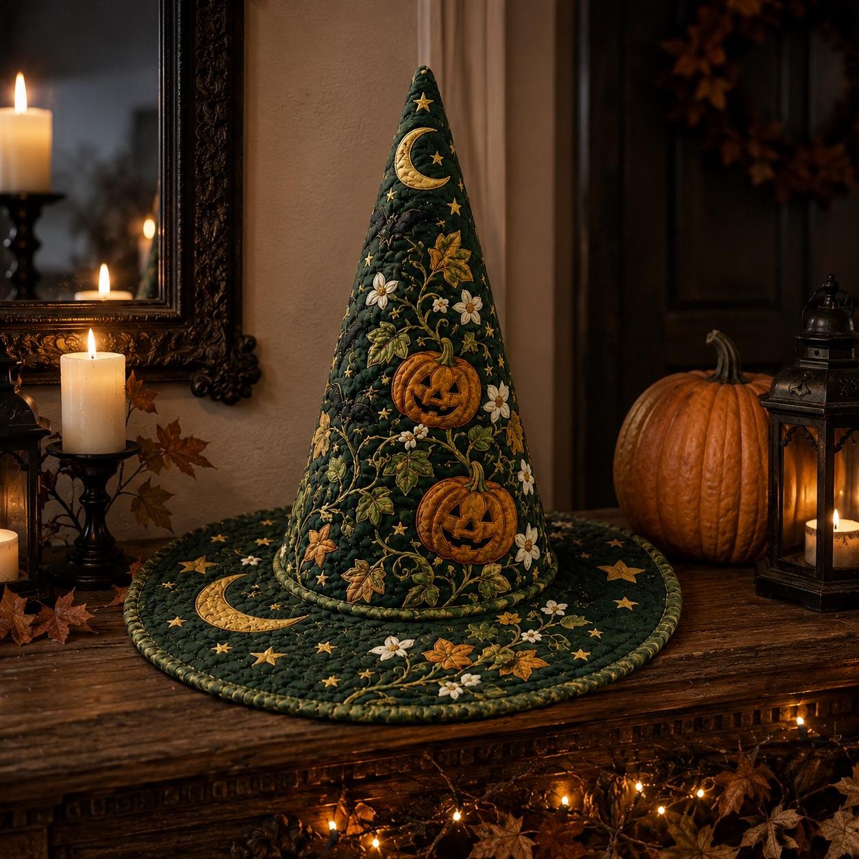 Quilted Witch Hat HG HG , Pumpkin Moon Botanical Halloween, Gothic Celestial Accessory - Image 2