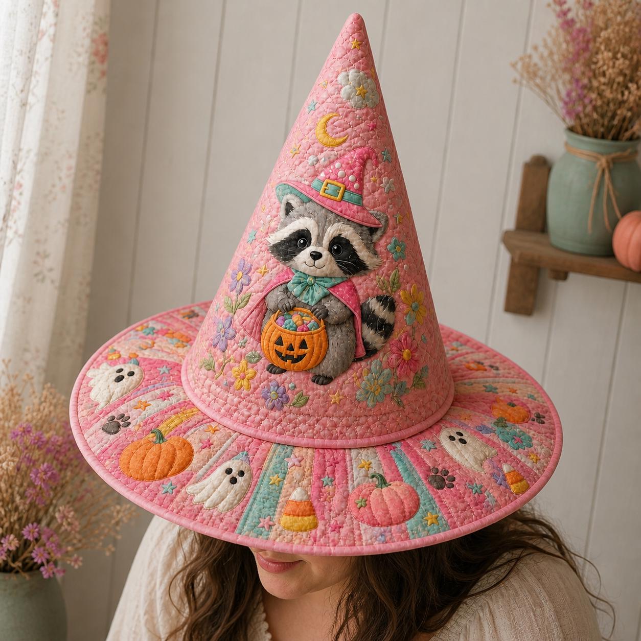 Personalized Pastel Raccoon Witch Hat HG Quilted Fall Decor, Halloween Cone Hat Fabric Art Gift - Image 5