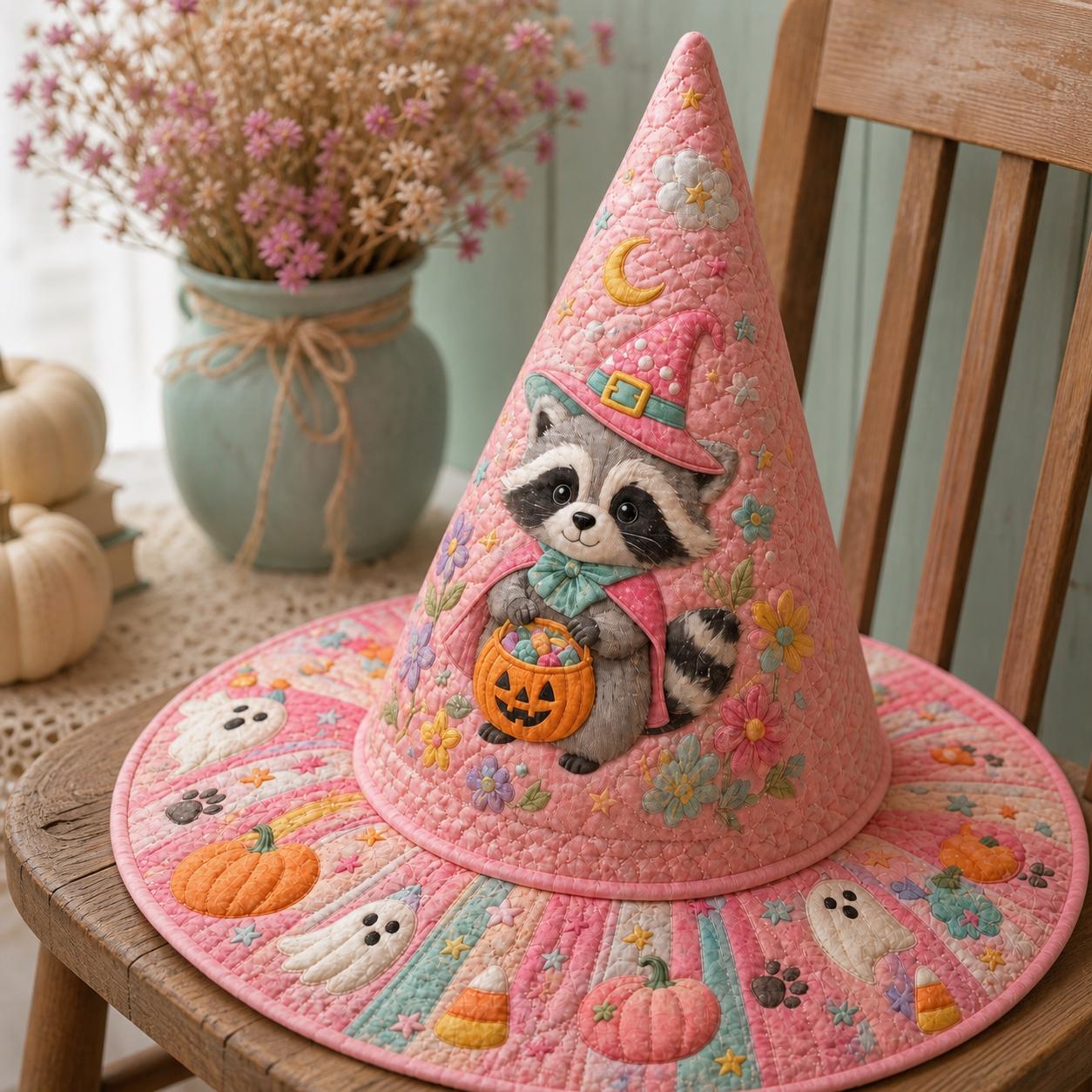 Personalized Pastel Raccoon Witch Hat HG Quilted Fall Decor, Halloween Cone Hat Fabric Art Gift - Image 2
