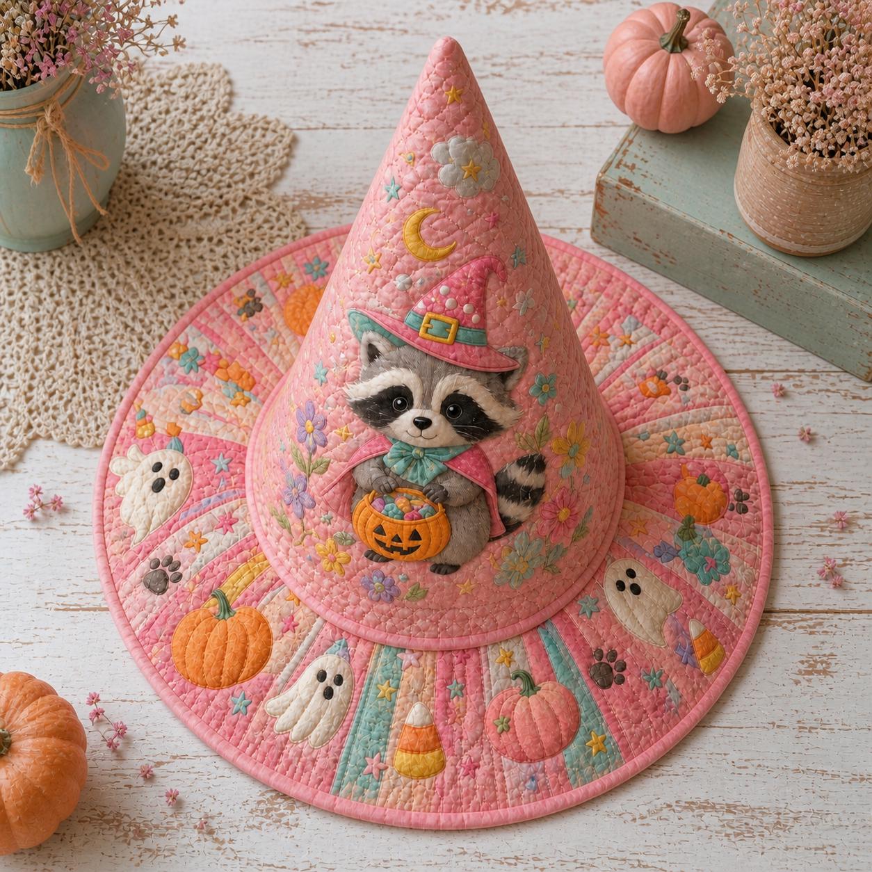 Personalized Pastel Raccoon Witch Hat HG Quilted Fall Decor, Halloween Cone Hat Fabric Art Gift - Image 4