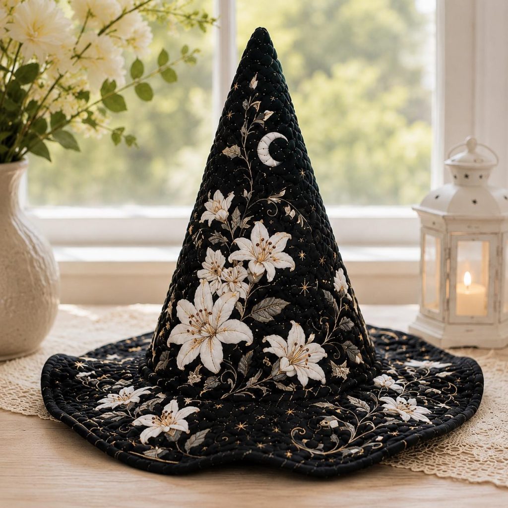 Quilted Black Floral Witch Hat HG , Celestial Moon Halloween Decor, Gothic Cottagecore Costume