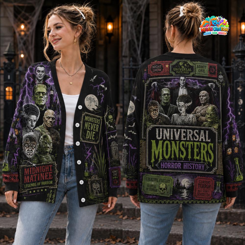 Universal Monsters Cardigan, Horror Movie Sweater, HG Halloween Gift for Him 2026, Halloween Creature Knit