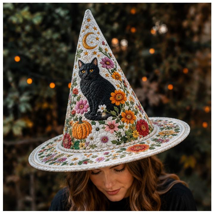 Personalized Quilted Witch Hat HG HG Black Cat Floral Halloween Costume Vintage Style Fall Party Accessory - Image 6