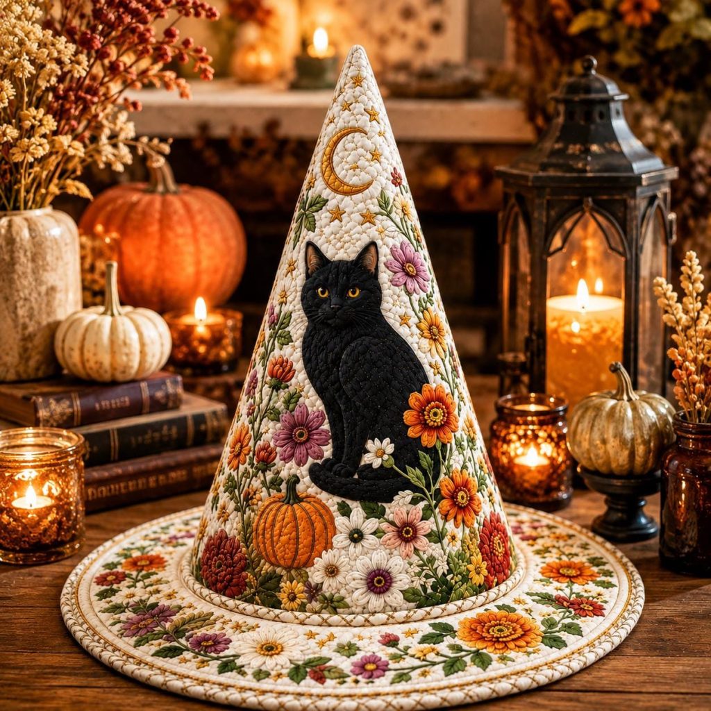 Personalized Quilted Witch Hat HG  HG  Black Cat Floral Halloween Costume Vintage Style Fall Party Accessory