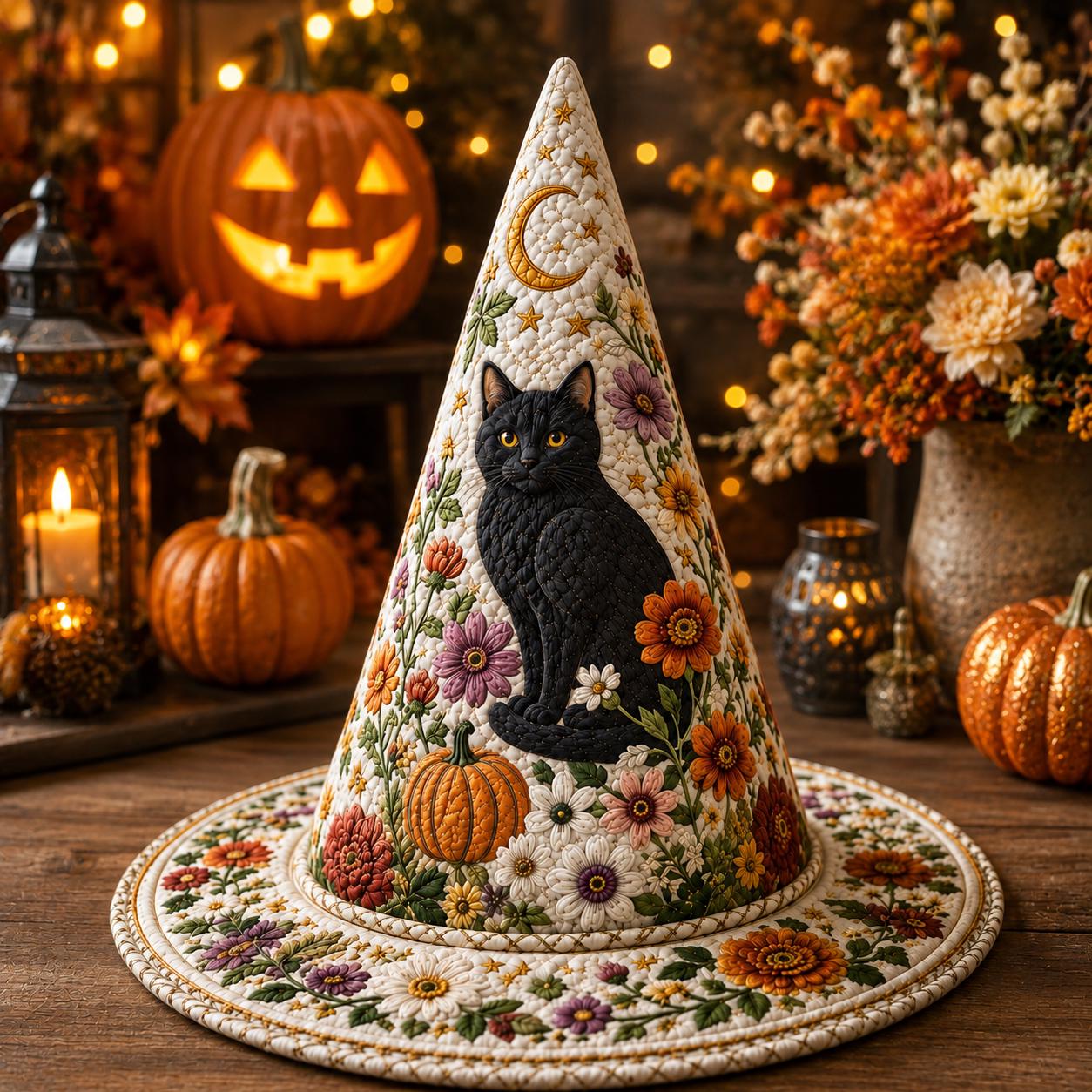 Personalized Quilted Witch Hat HG HG Black Cat Floral Halloween Costume Vintage Style Fall Party Accessory - Image 3
