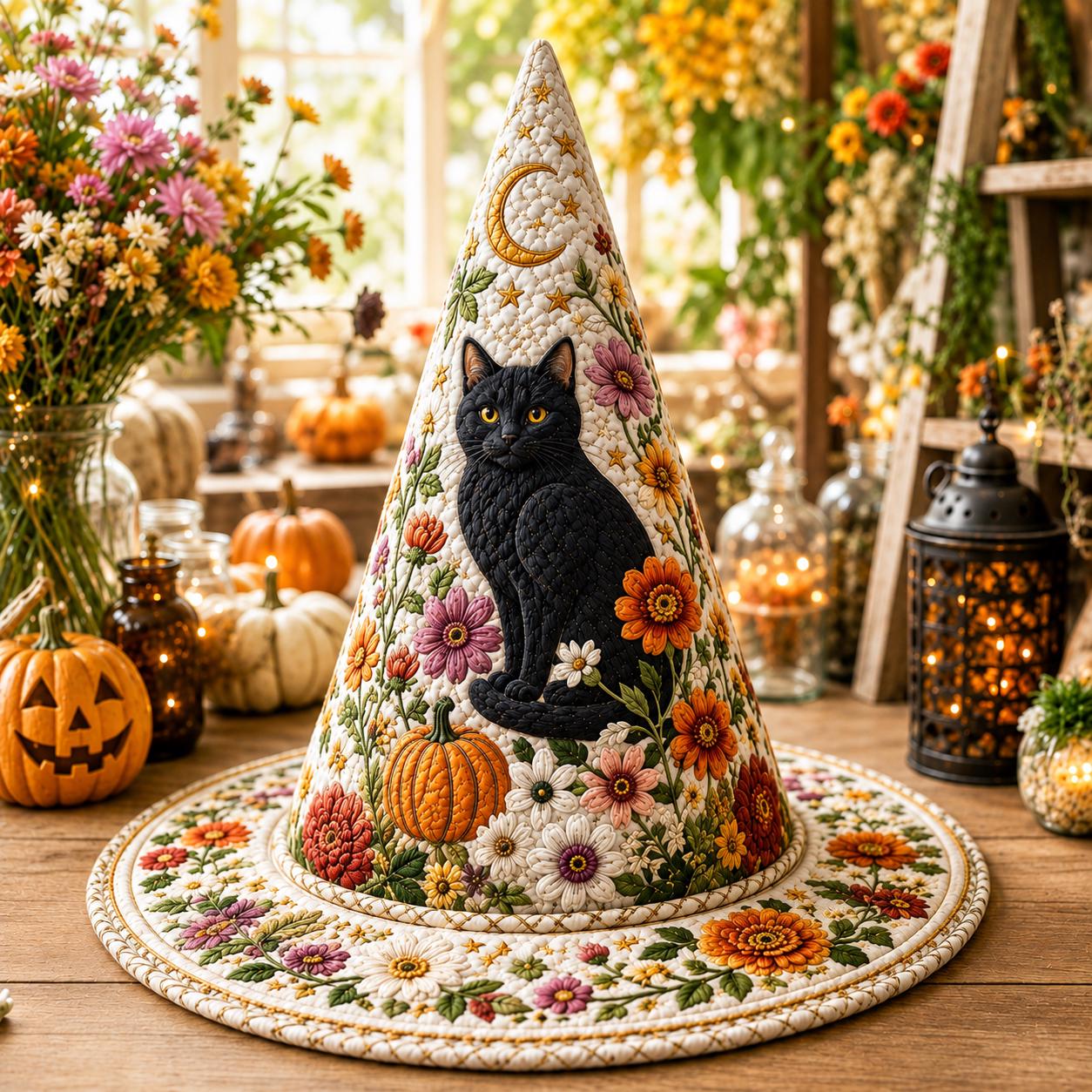 Personalized Quilted Witch Hat HG HG Black Cat Floral Halloween Costume Vintage Style Fall Party Accessory - Image 2