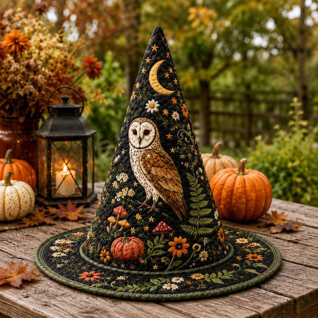 Personalized Quilted Witch Hat HG  HG : Owl, Moon, Cottagecore Halloween Décor