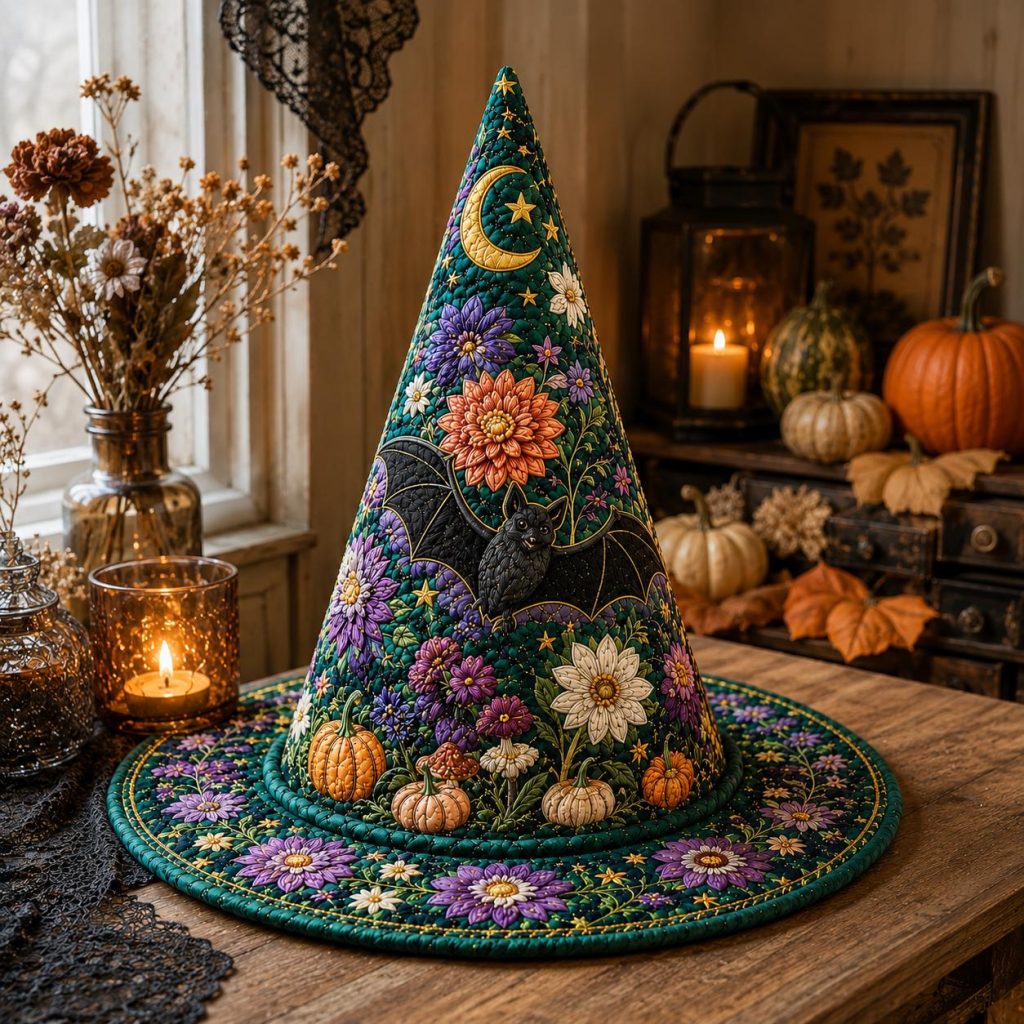 Quilted Bat Witch Hat HG , Emerald Green Floral Moon Halloween Décor, Cottagecore Costume