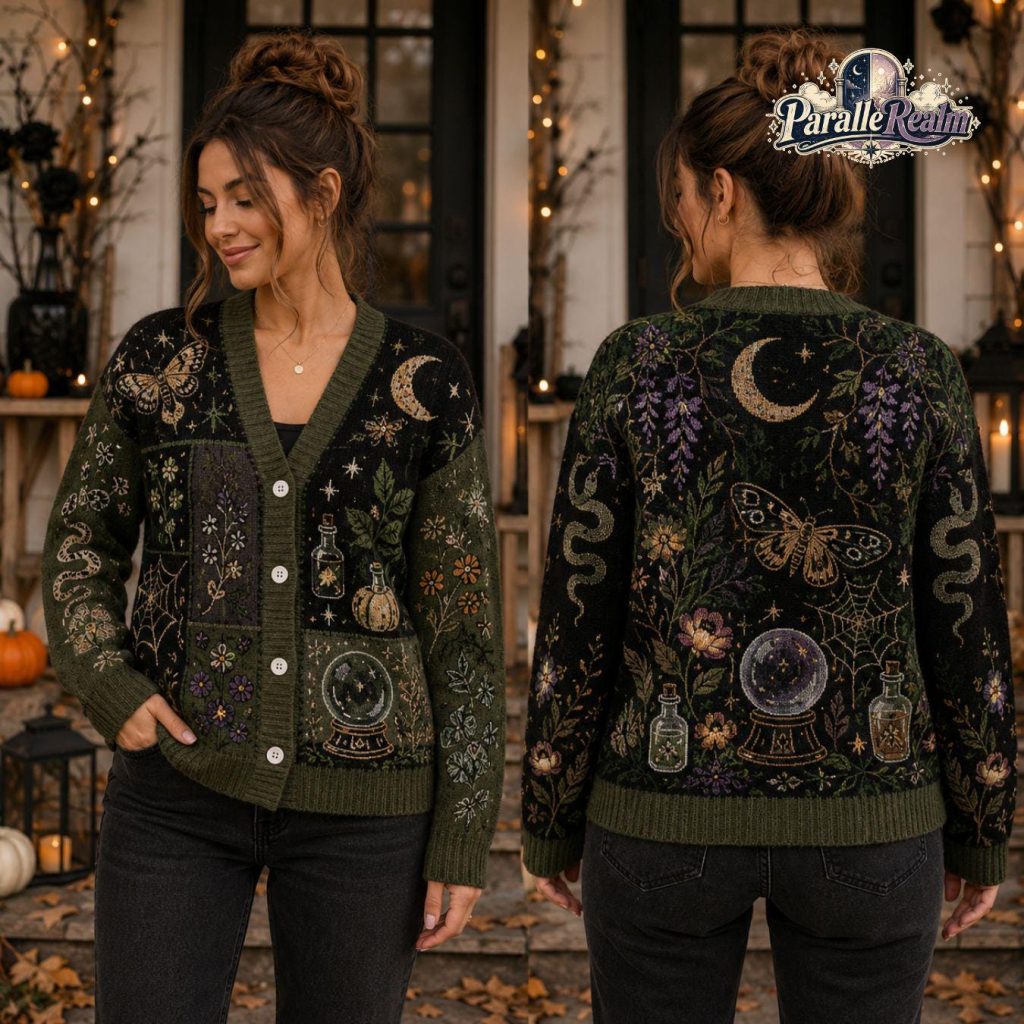 Witchy Moth Halloween Knit Cardigan HG , Crystal Ball Moon Sweater, Botanical Potion Fall Cardigan HG ,Cottagecore Witch Sweater, Spooky Season Gift