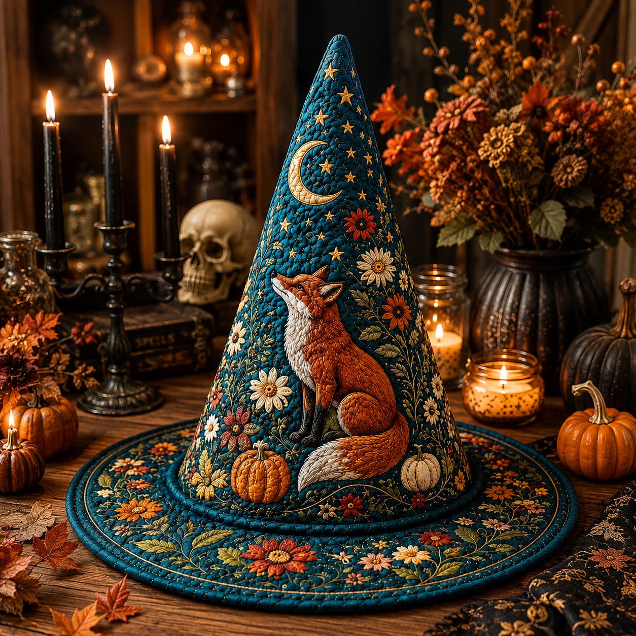 Personalized Quilted Witch Hat HG HG , Fox Floral Moon Halloween Costume Accessory - Image 3