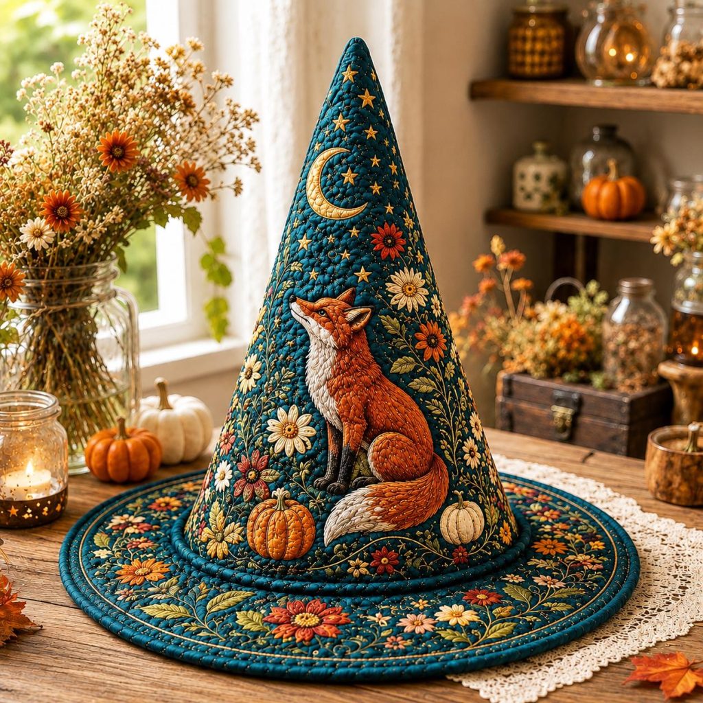 Personalized Quilted Witch Hat HG  HG , Fox Floral Moon Halloween Costume Accessory